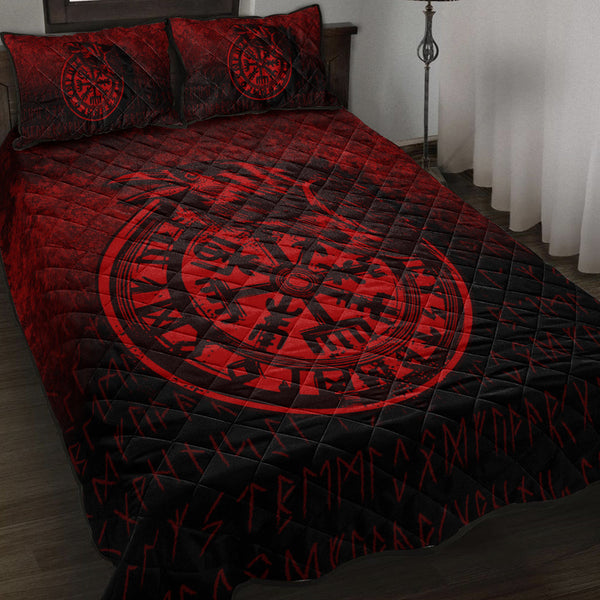 Viking Quilt Bedding Set Viking Vegvisir Rune with Crow Red Version