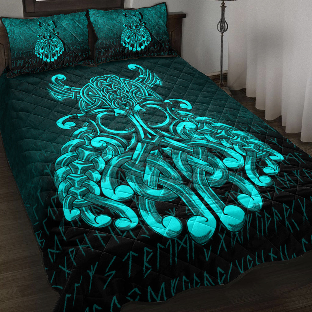 Viking Quilt Bedding Set Viking Odin Valhalla Cyan Version