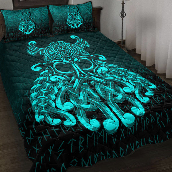 Viking Quilt Bedding Set Viking Odin Valhalla Cyan Version