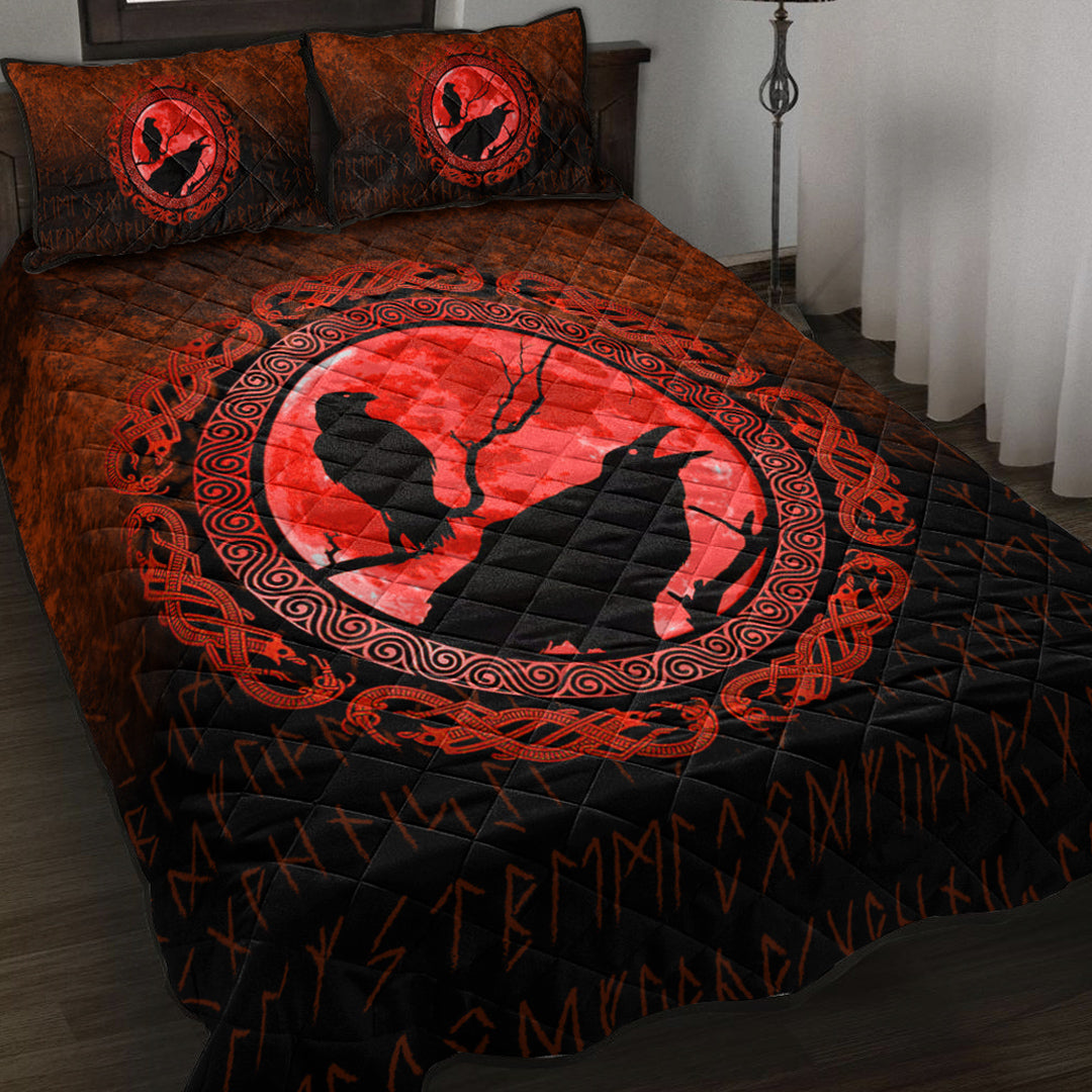 Viking Quilt Bedding Set Viking Huginn Muninn Odins Ravens Red Version