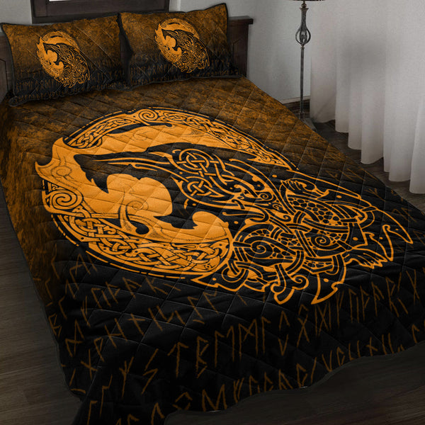 Viking Quilt Bedding Set Fenrir Viking 3D Tattoo Gold Version