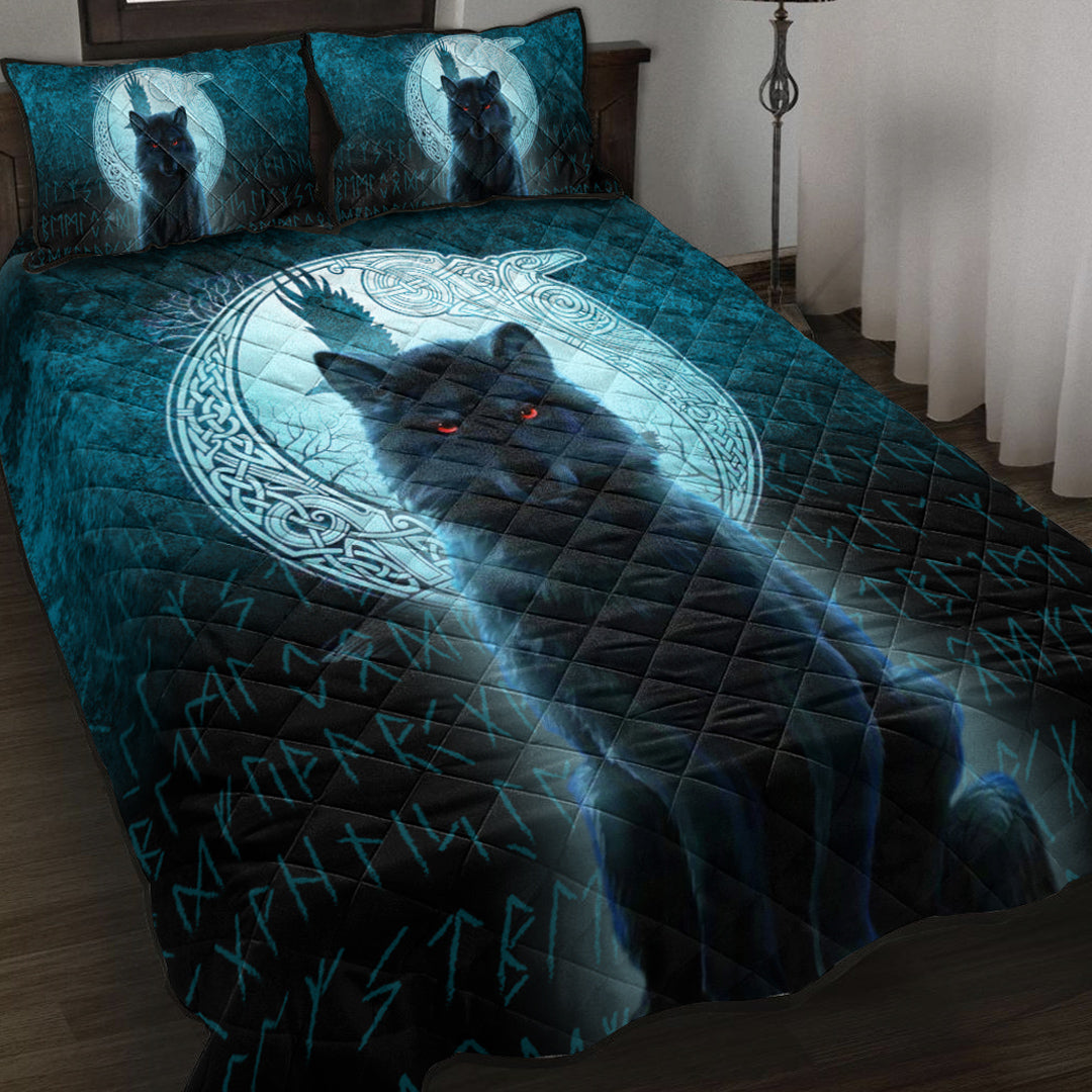 Viking Quilt Bedding Set Fenrir Viking Wolf Cyan Version