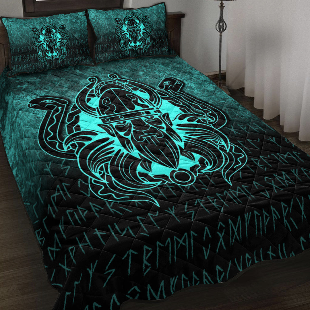 Viking Quilt Bedding Set Nordic Warrior Valhalla Norse Cyan Version