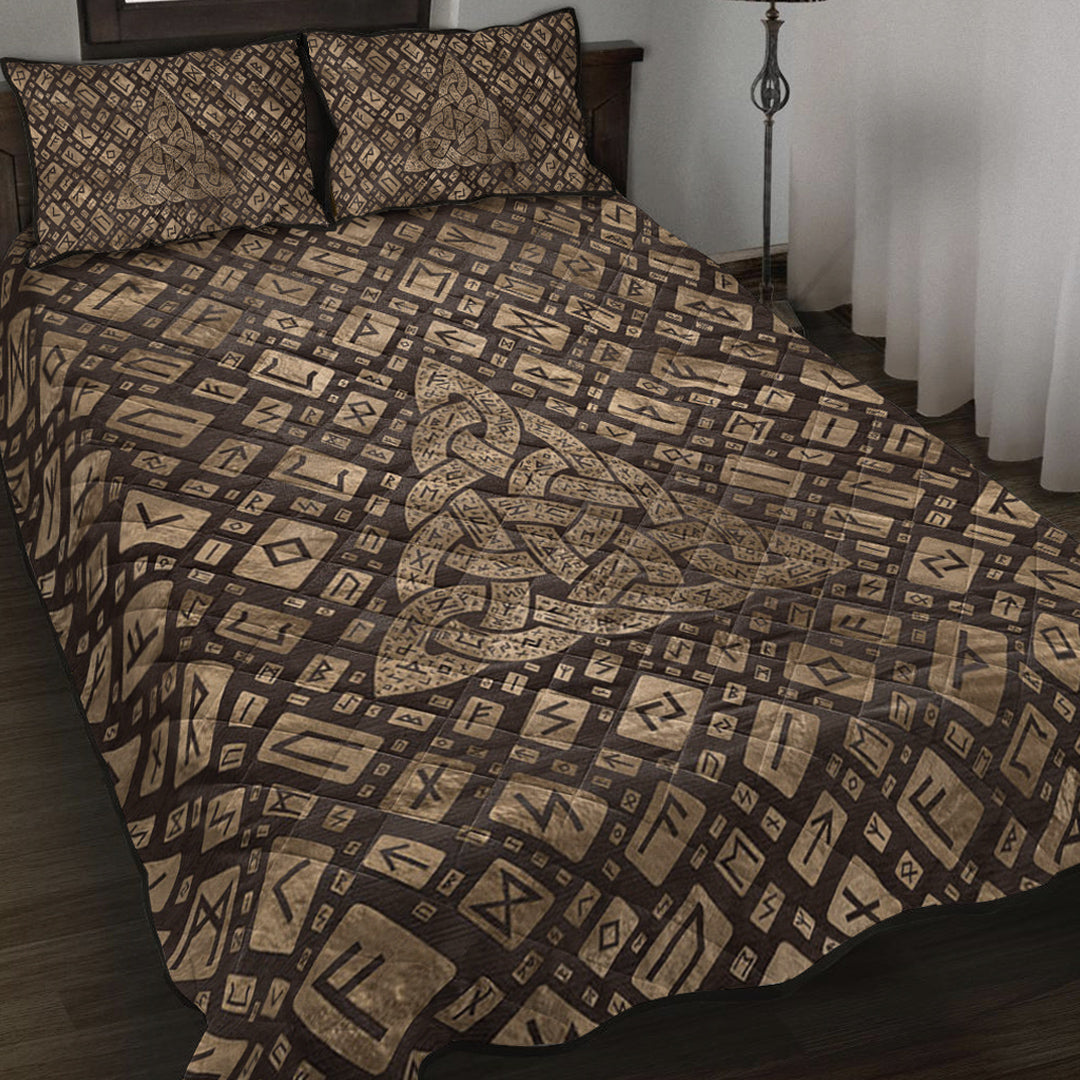 Viking Quilt Bedding Set Triquetra & Runic Alphabet Wood and Gold