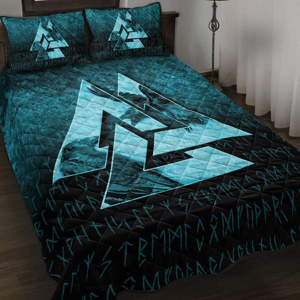 Viking Quilt Bedding Set Huginn Muninn Ravens from Odin Viking Cyan Version