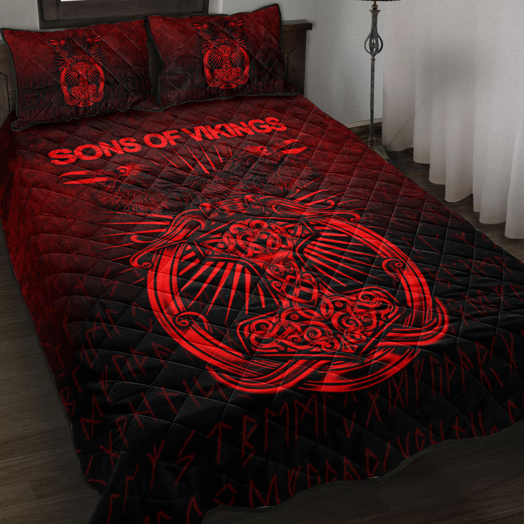 Viking Quilt Bedding Set Viking Ravens Mjolnir Red Version