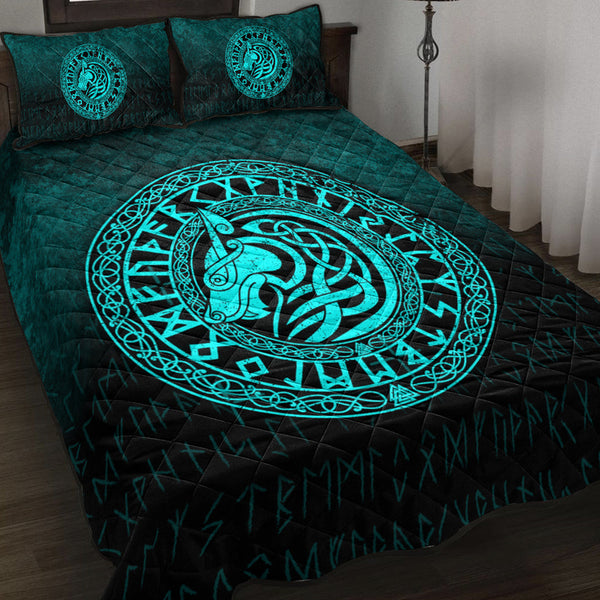 Viking Quilt Bedding Set Viking Wolf Cyan Version