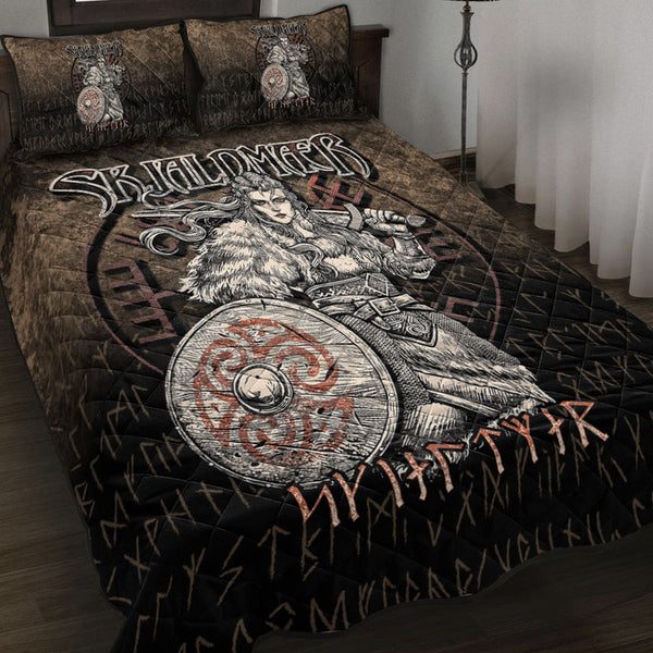 Viking Quilt Bedding Set Skjaldmaer Shield Maiden Norse Younger Futhark Runes Female Viking Warrior Vegvisir