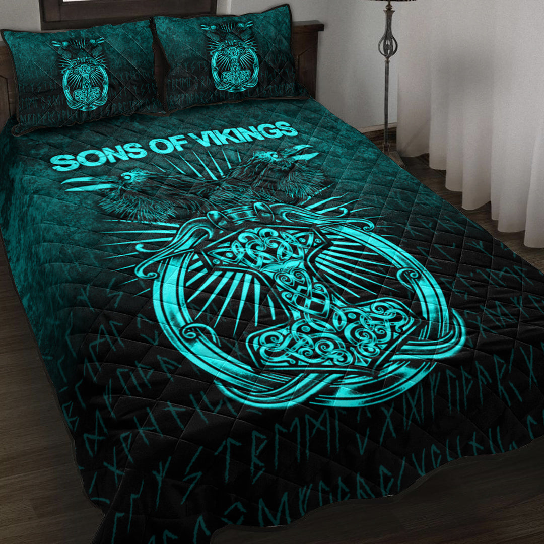 Viking Quilt Bedding Set Viking Ravens Mjolnir Cyan Version