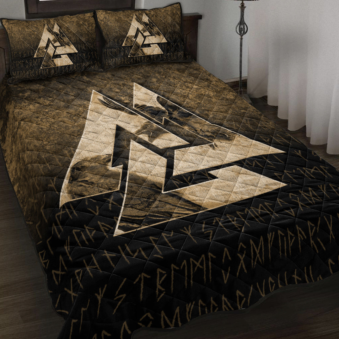 Viking Quilt Bedding Set Huginn Muninn Ravens from Odin Viking Gold Version