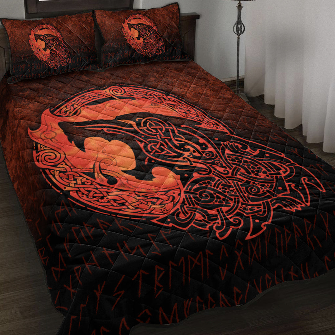 Viking Quilt Bedding Set Fenrir Viking 3D Tattoo Orange Version