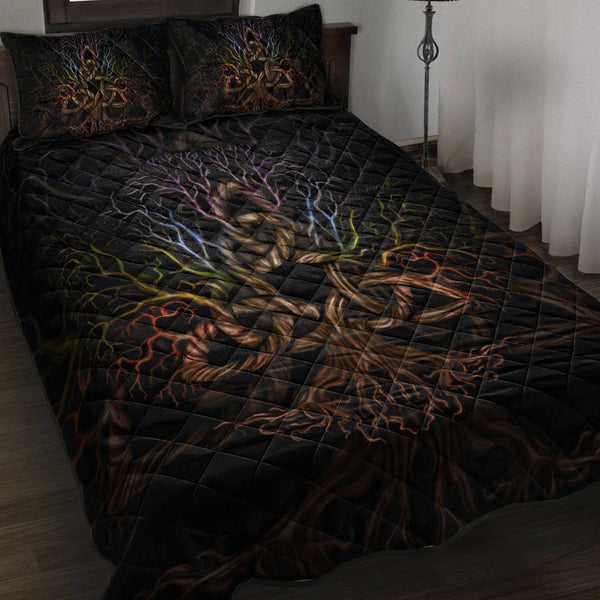 Viking Quilt Bedding Set Colorful Tree of Life With Triquetra