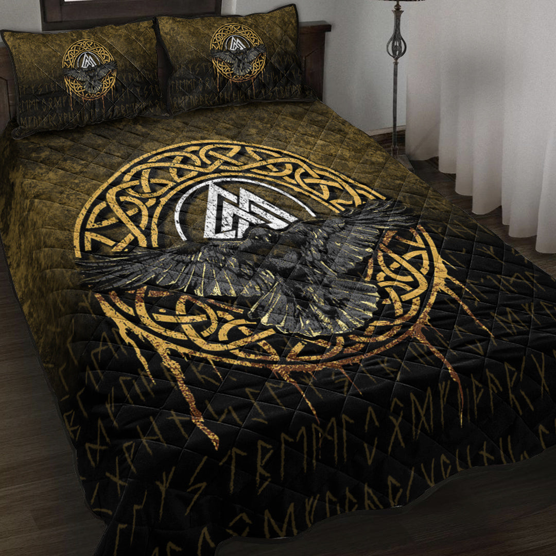 Viking Quilt Bedding Set Valhalla Norse Mythology Raven Black Crow