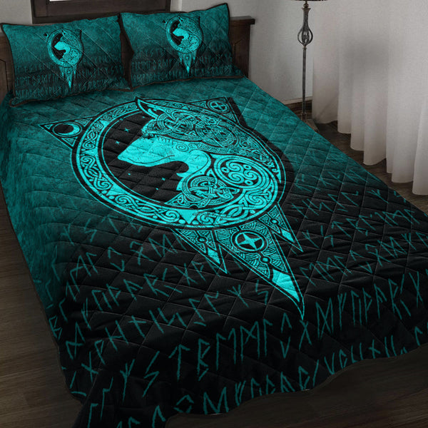 Viking Quilt Bedding Set Viking Norse Wolf Cyan Version