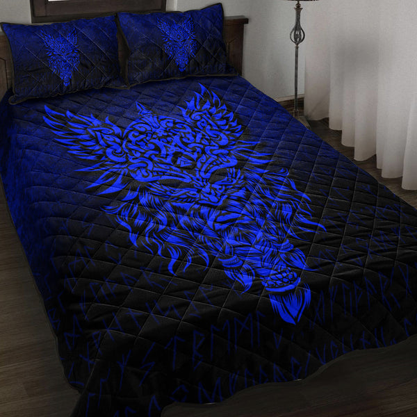 Viking Quilt Bedding Set Odin The Allfather Asgard God And Chief Of Aesir Blue Version