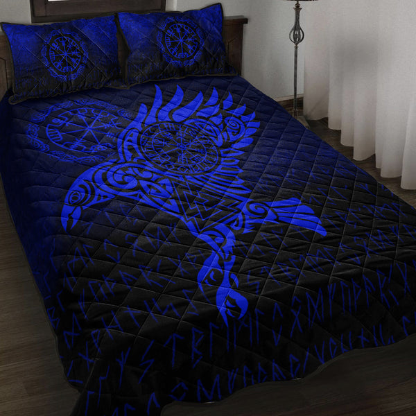 Viking Quilt Bedding Set Raven Vegvisir Tattoo Blue Version