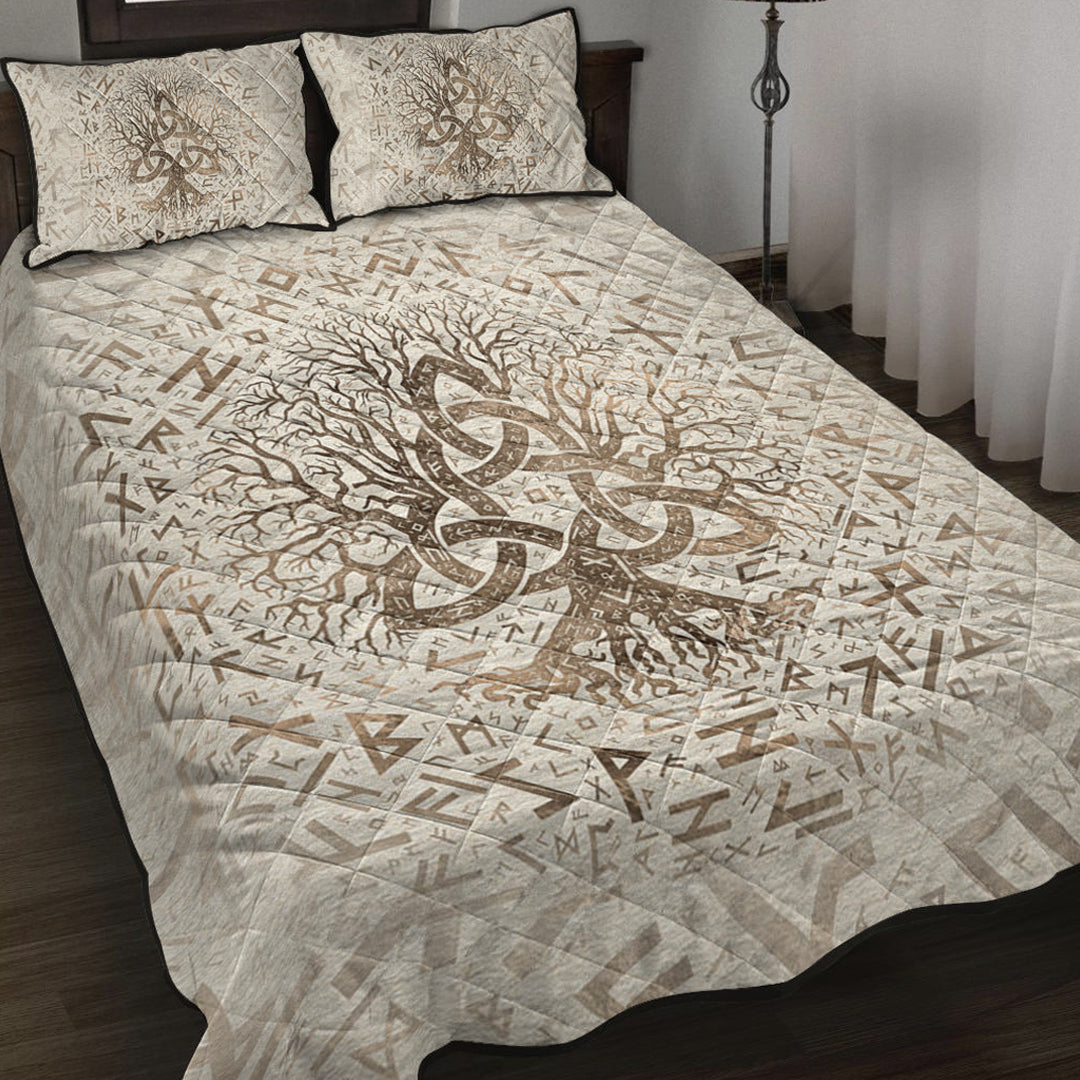 Viking Quilt Bedding Set Tree of Life with Triquetra and Futhark Pastel Gold