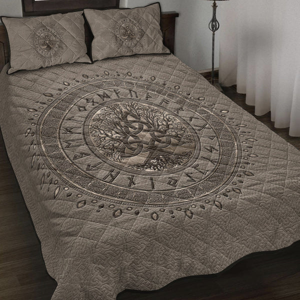 Viking Quilt Bedding Set Tree of Life with Triquetra Beige