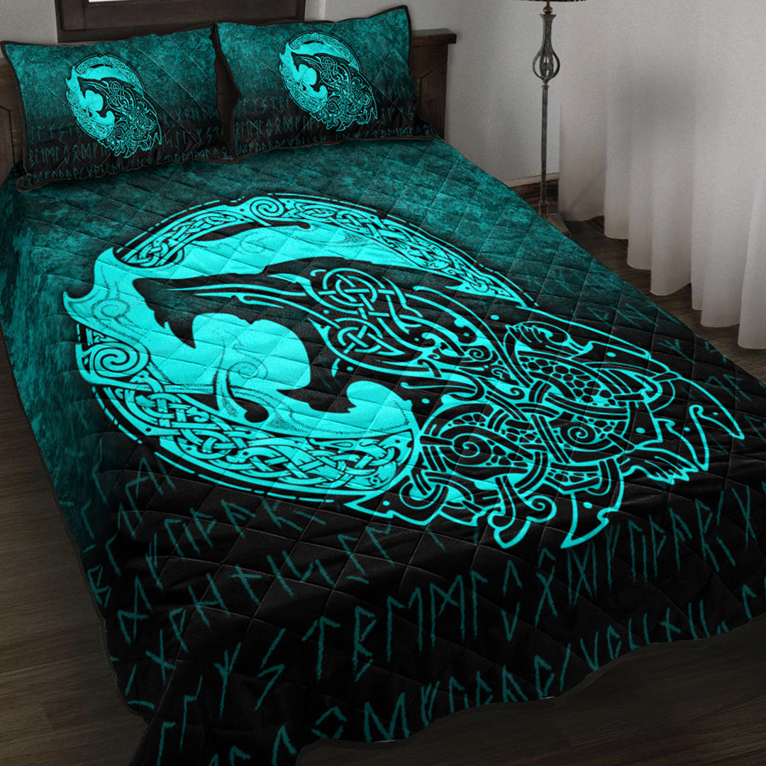 Viking Quilt Bedding Set Fenrir Viking 3D Tattoo Cyan Version