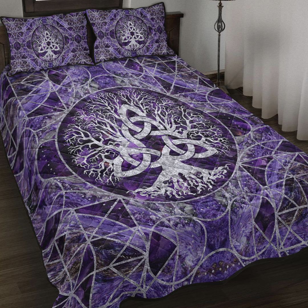 Viking Quilt Bedding Set Tree of Life with Triquetra Amethyst and Silver