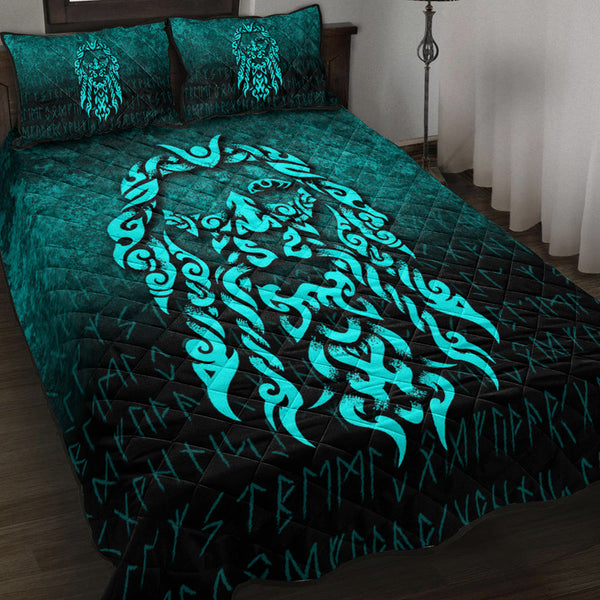 Viking Quilt Bedding Set Viking God Odin Allfather In Asgard Raven God Cyan Version