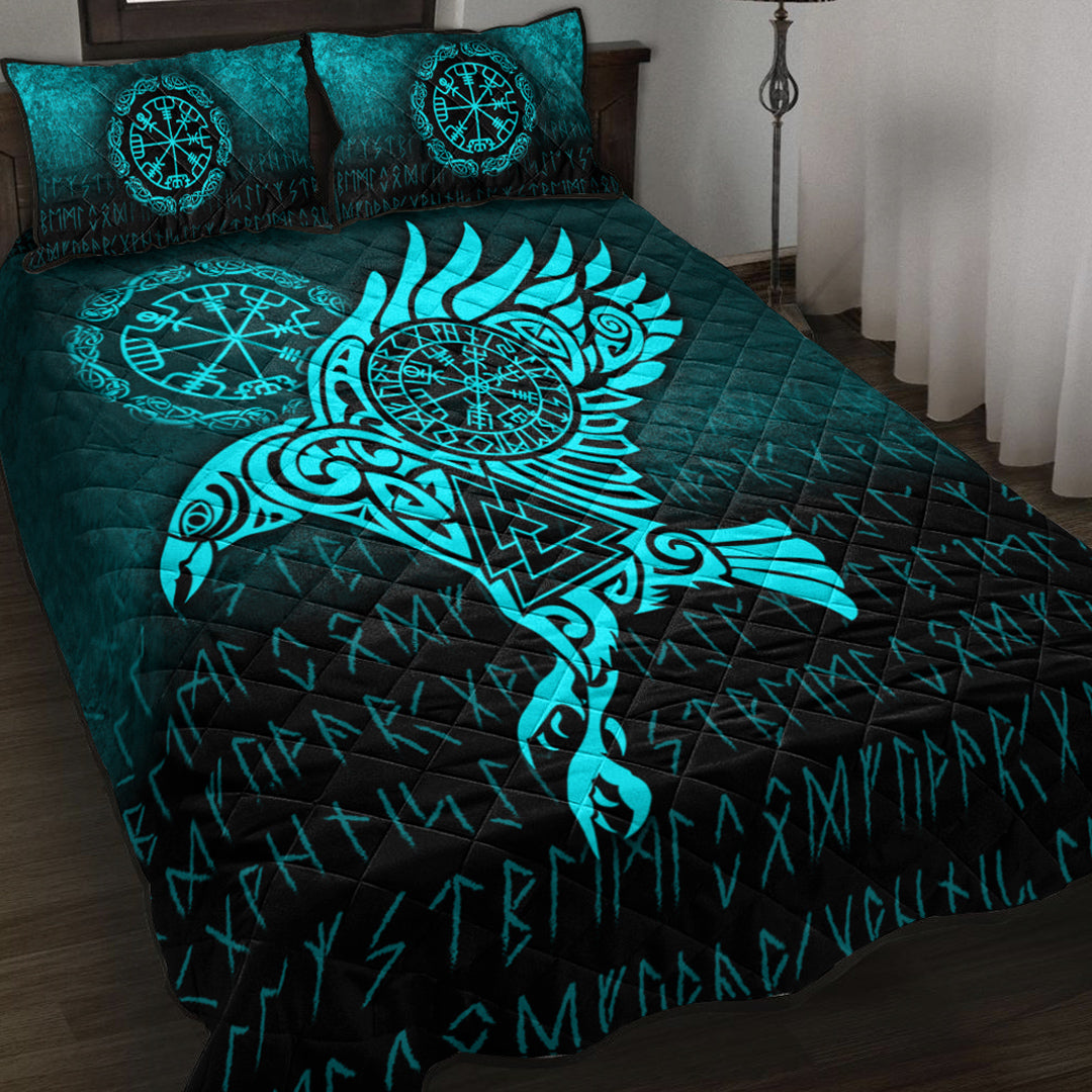 Viking Quilt Bedding Set Raven Vegvisir Tattoo Cyan Version