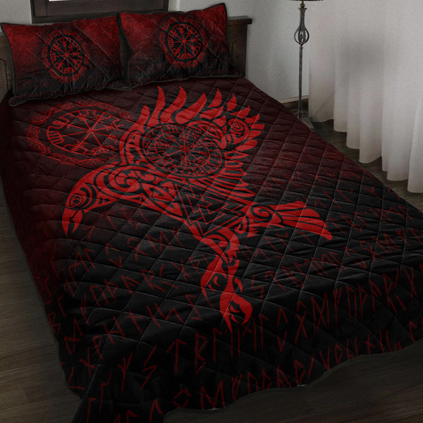 Viking Quilt Bedding Set Raven Vegvisir Tattoo Red Version