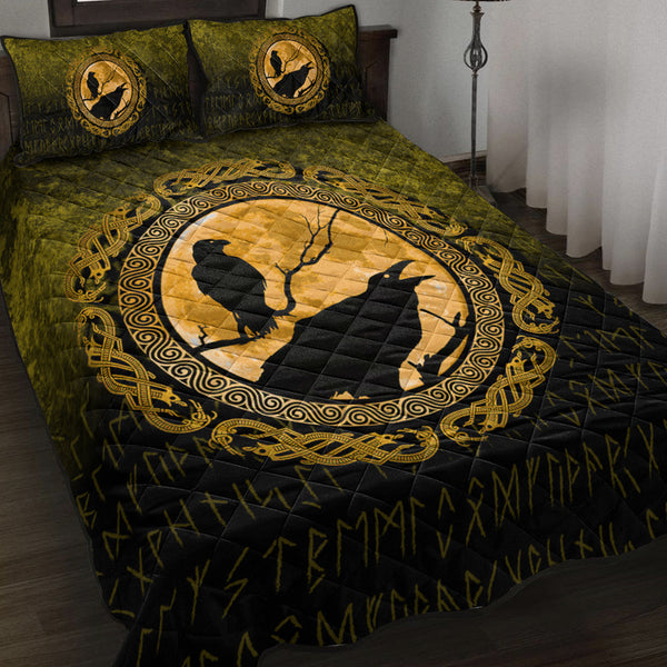 Viking Quilt Bedding Set Viking Huginn Muninn Odins Ravens Gold Version