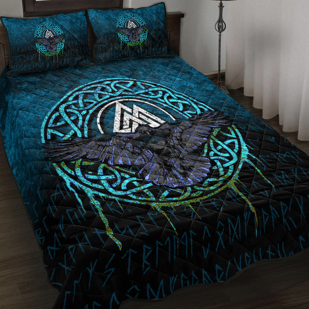 Viking Quilt Bedding Set Valhalla Norse Mythology Raven Black Crow Viking Cyan Version