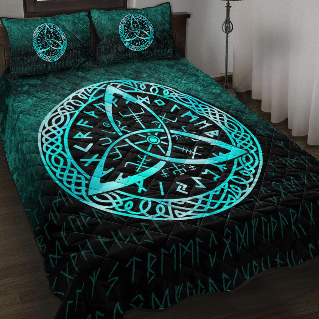 Viking Quilt Bedding Set Vegvisir Nordic Viking Rune Cyan Version