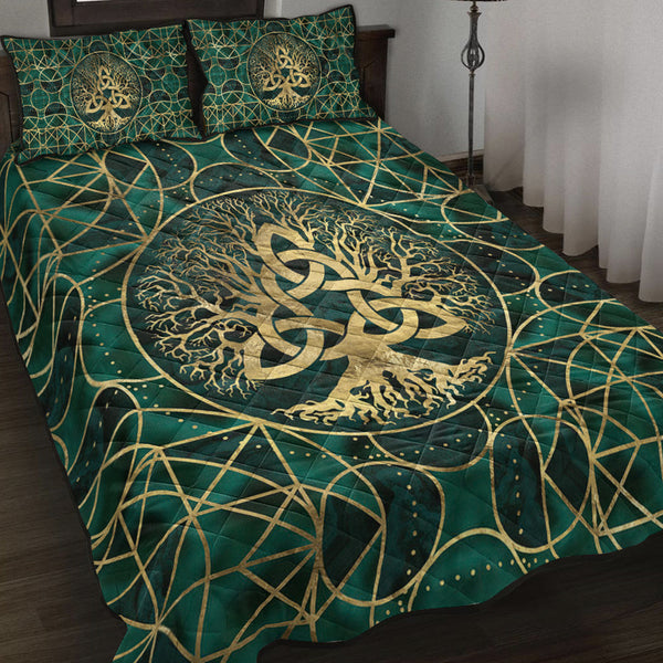 Viking Quilt Bedding Set Tree of Life with Triquetra Malachite and Gold