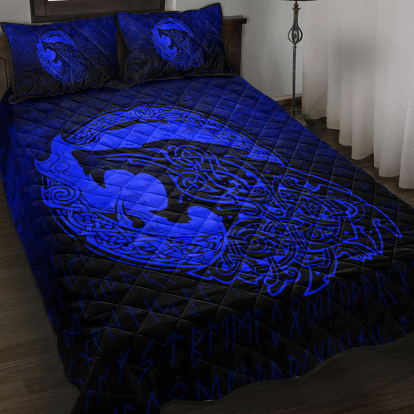 Viking Quilt Bedding Set Fenrir Viking 3D Tattoo Blue Version