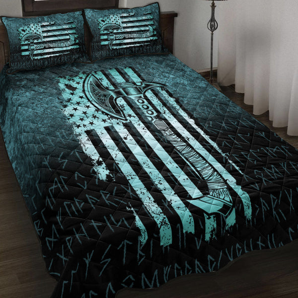 Viking Quilt Bedding Set USA Flag Viking Cool American Norsemen Cyan Version