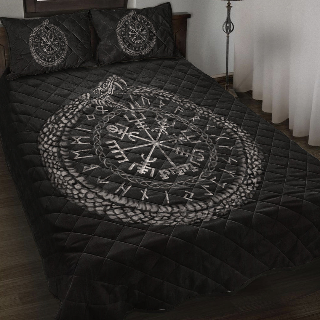 Viking Quilt Bedding Set Viking Vegvisir with Ouroboros and Runes