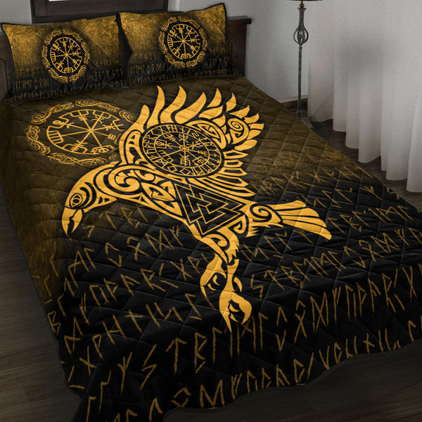 Viking Quilt Bedding Set Raven Vegvisir Tattoo Gold Version