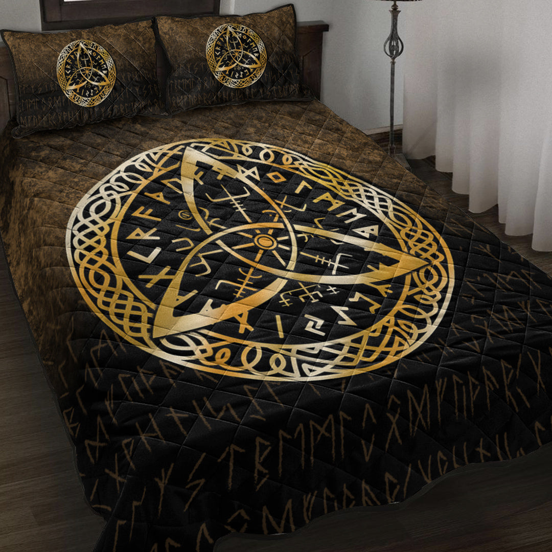 Viking Quilt Bedding Set Vegvisir Nordic Viking Rune Gold Version