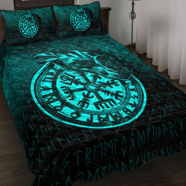 Viking Quilt Bedding Set Viking Vegvisir Rune with Crow Cyan Version