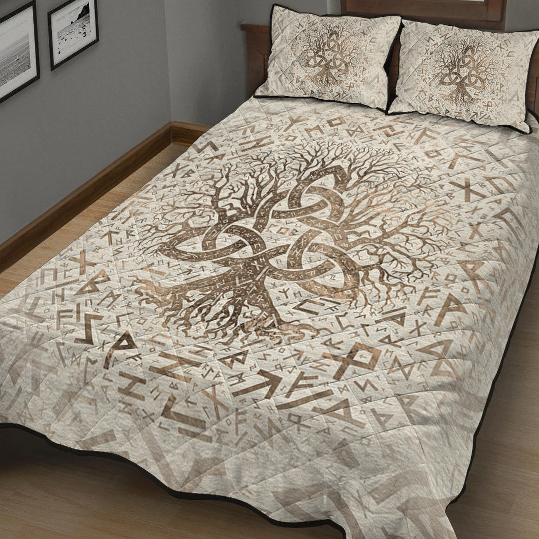 Viking Quilt Bedding Set Tree of Life with Triquetra and Futhark Pastel Gold