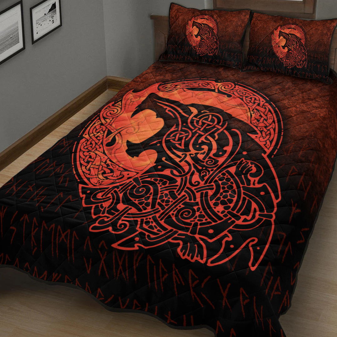 Viking Quilt Bedding Set Fenrir Viking 3D Tattoo Orange Version