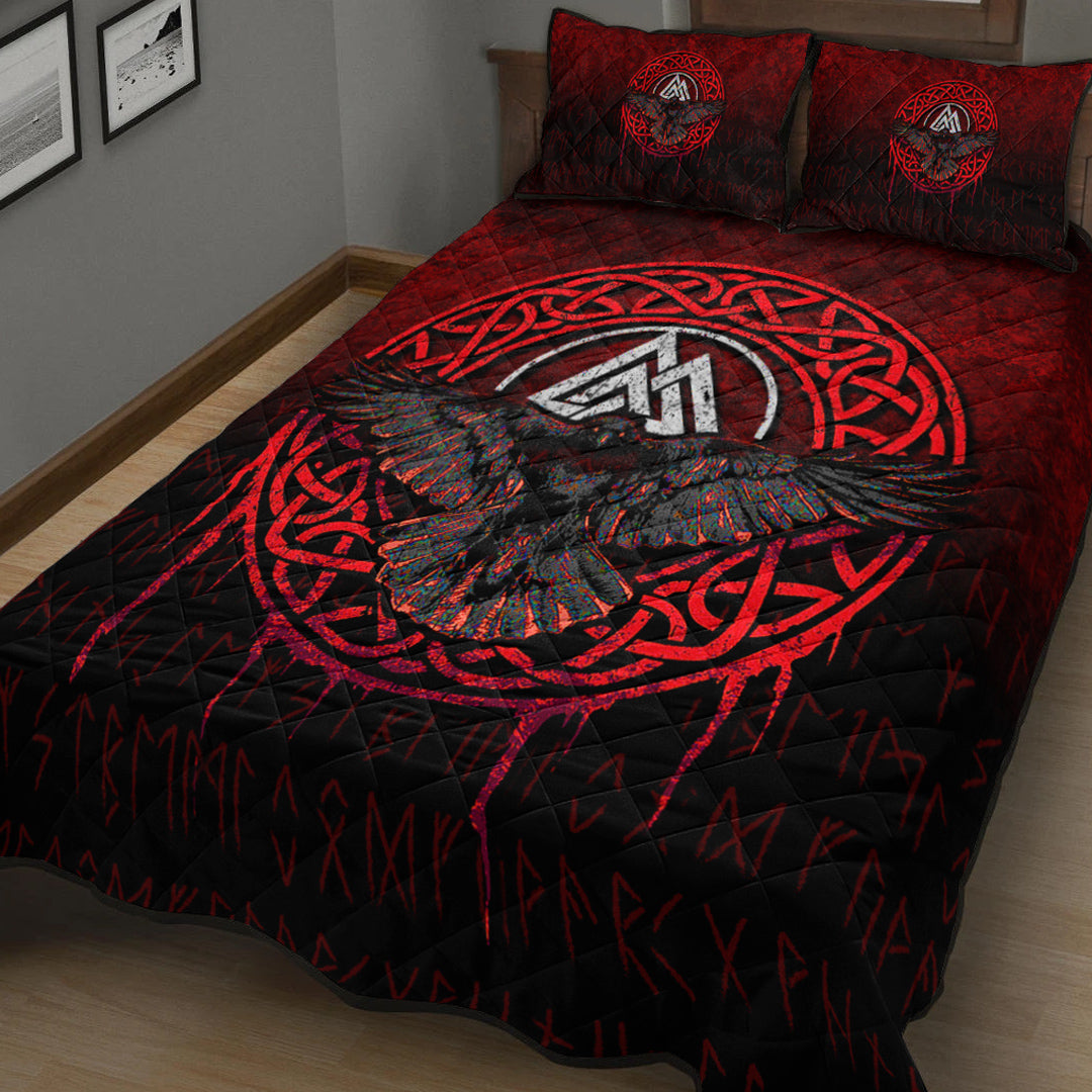 Viking Quilt Bedding Set Valhalla Norse Mythology Raven Black Crow Viking Red Version