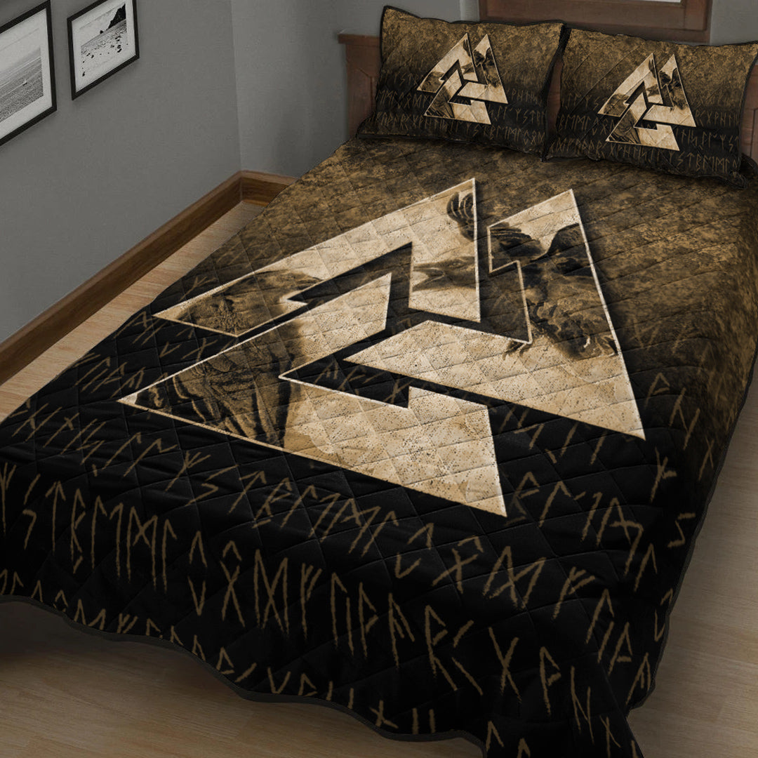 Viking Quilt Bedding Set Huginn Muninn Ravens from Odin Viking Gold Version