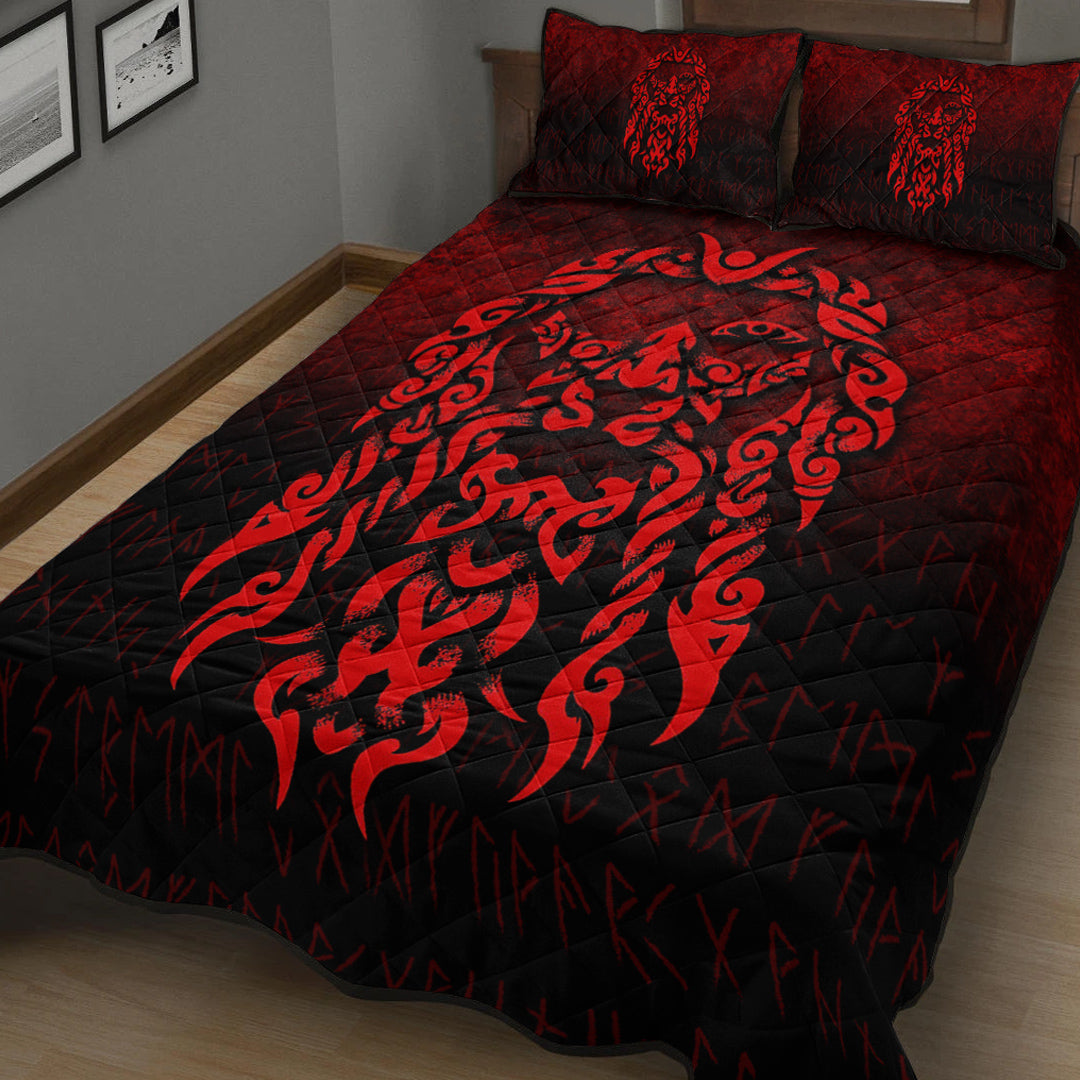 Viking Quilt Bedding Set Viking God Odin Allfather In Asgard Raven God Red Version