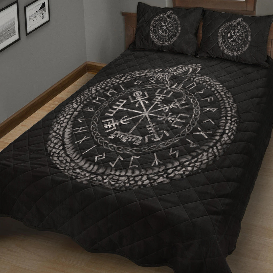 Viking Quilt Bedding Set Viking Vegvisir with Ouroboros and Runes