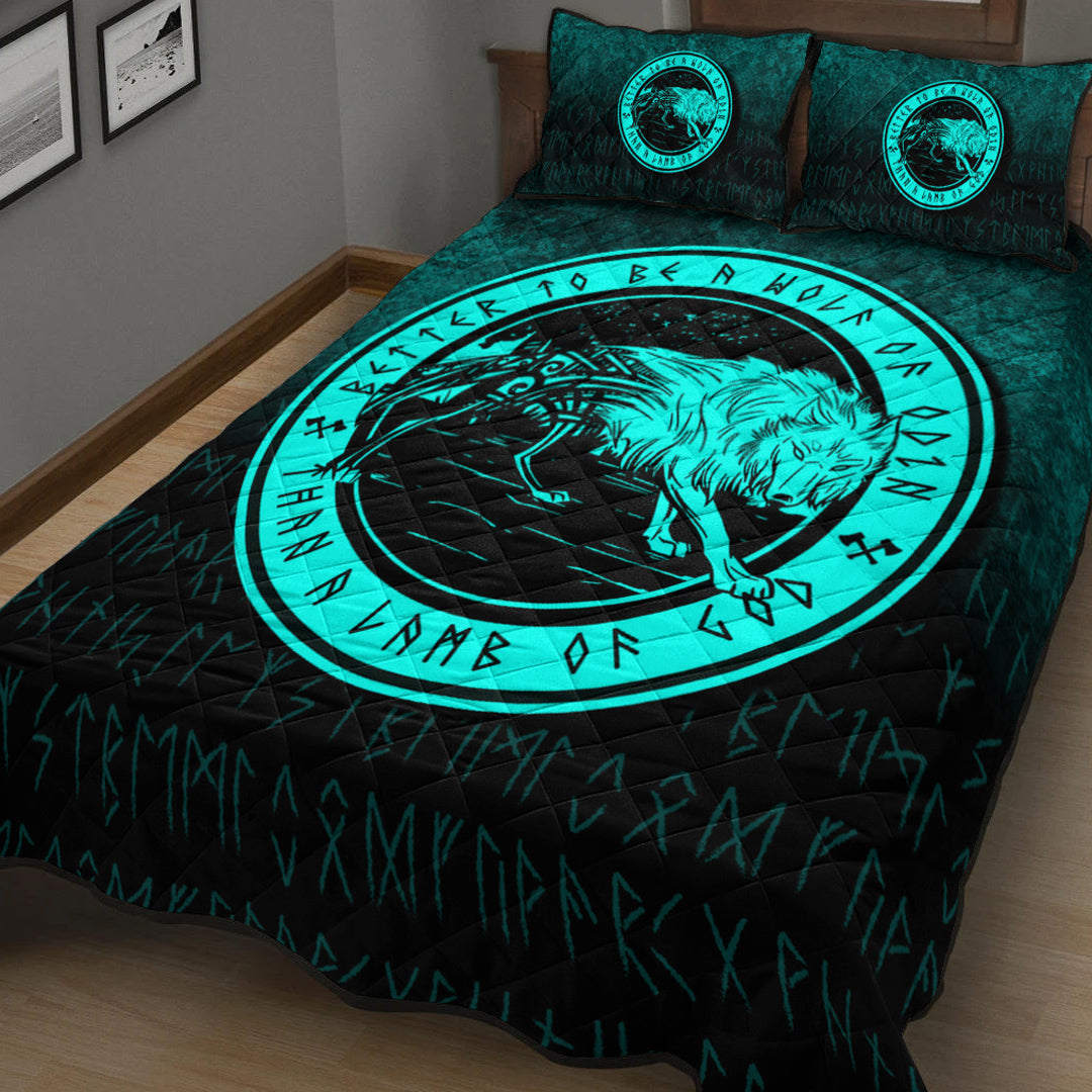 Viking Quilt Bedding Set Wolf Of Odin Cyan Version