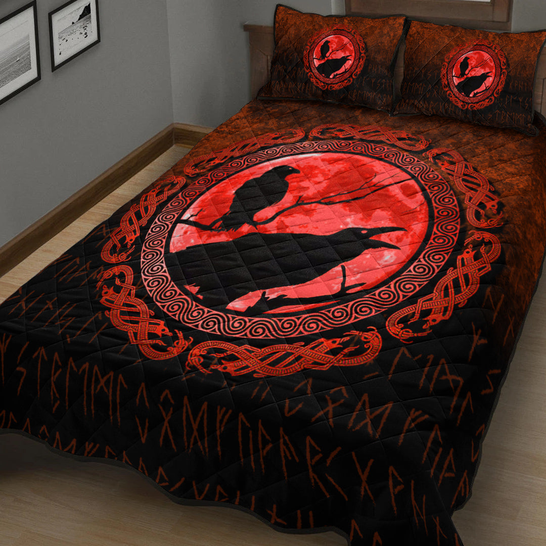 Viking Quilt Bedding Set Viking Huginn Muninn Odins Ravens Red Version