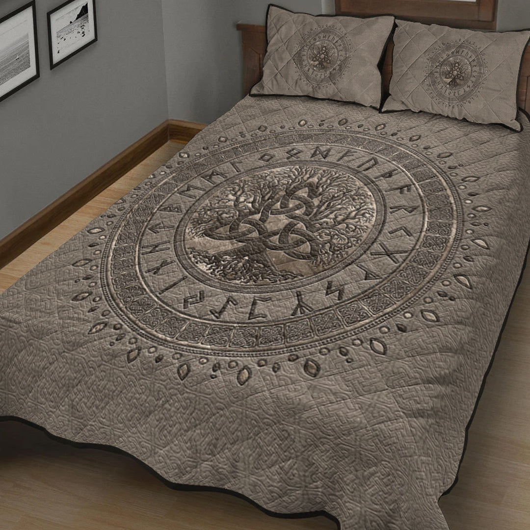 Viking Quilt Bedding Set Tree of Life with Triquetra Beige