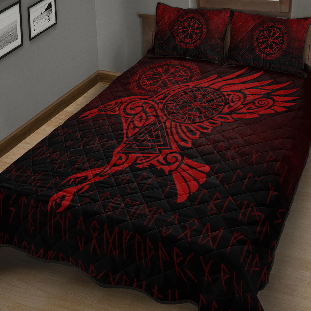 Viking Quilt Bedding Set Raven Vegvisir Tattoo Red Version