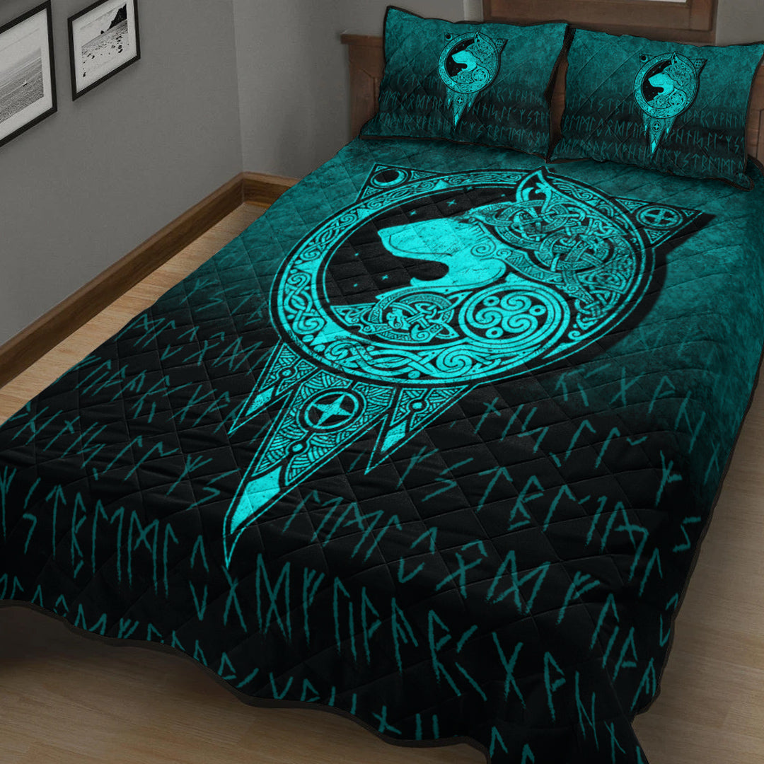 Viking Quilt Bedding Set Viking Norse Wolf Cyan Version