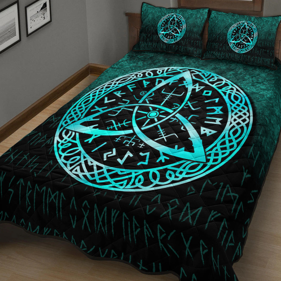 Viking Quilt Bedding Set Vegvisir Nordic Viking Rune Cyan Version