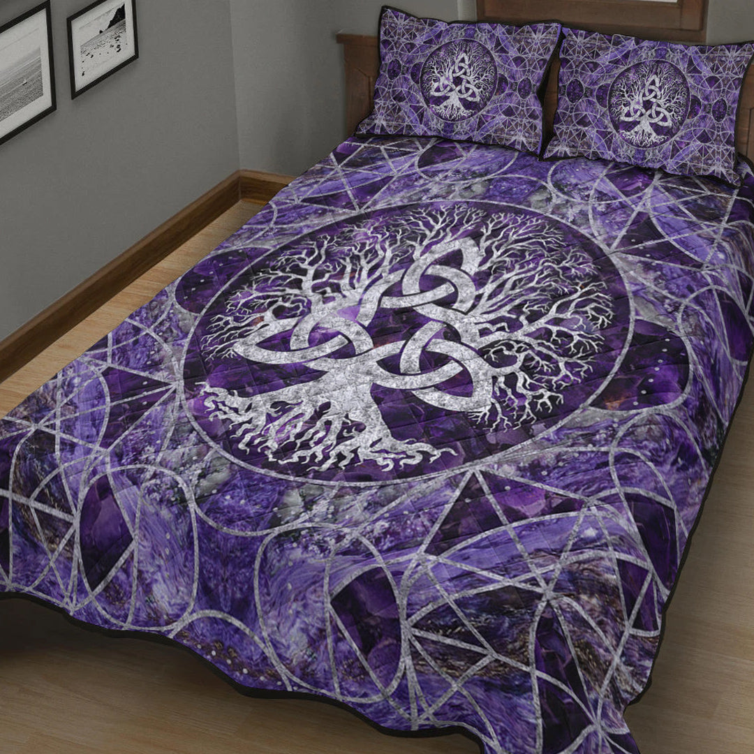 Viking Quilt Bedding Set Tree of Life with Triquetra Amethyst and Silver